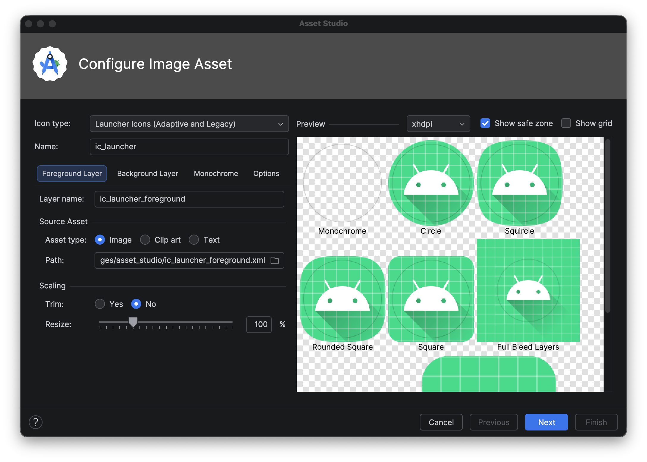 La procedura guidata per le icone adattive e legacy in Image Asset Studio.