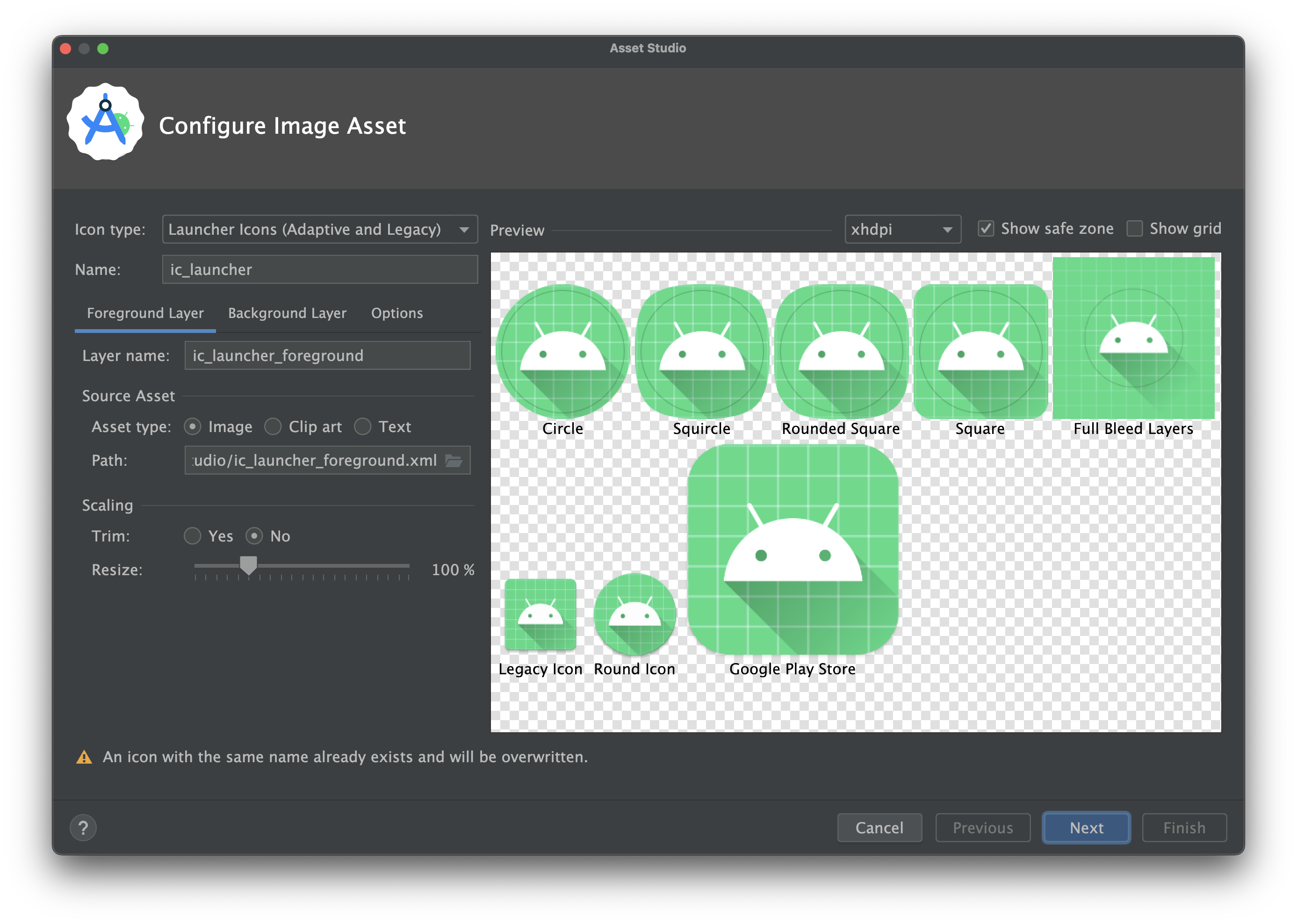 วิซาร์ดไอคอนแบบปรับอัตโนมัติและไอคอนเดิมใน Image Asset Studio