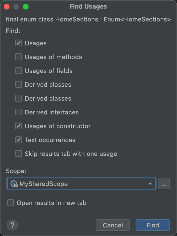 [Find Usages] ダイアログで共有スコープを選択する