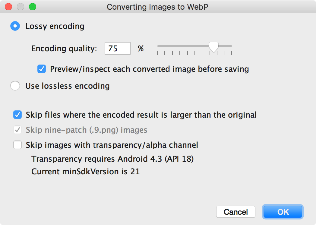 The Converting Images to WebP dialog