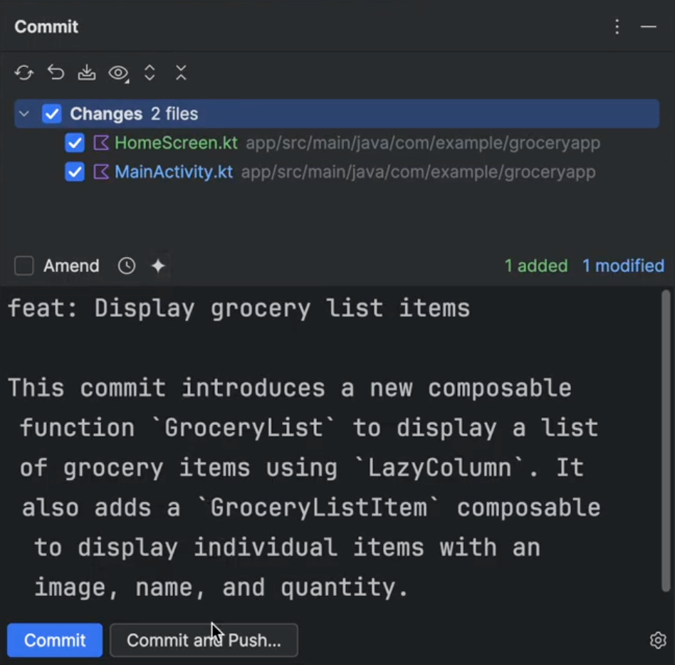 Dialog commit yang menampilkan pesan yang disarankan untuk commit.