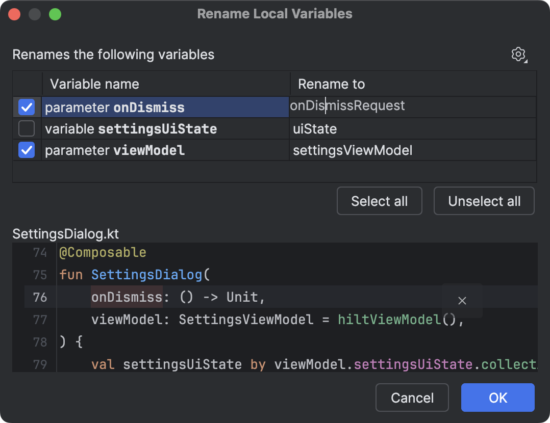 Dialog &#39;Ganti Nama Variabel Lokal&#39; di Code Editor dengan nama
          ejaan atau mendapatkan saran gaya.