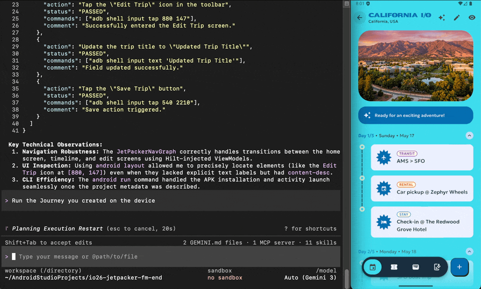 Eseguire un viaggio con la CLI Android