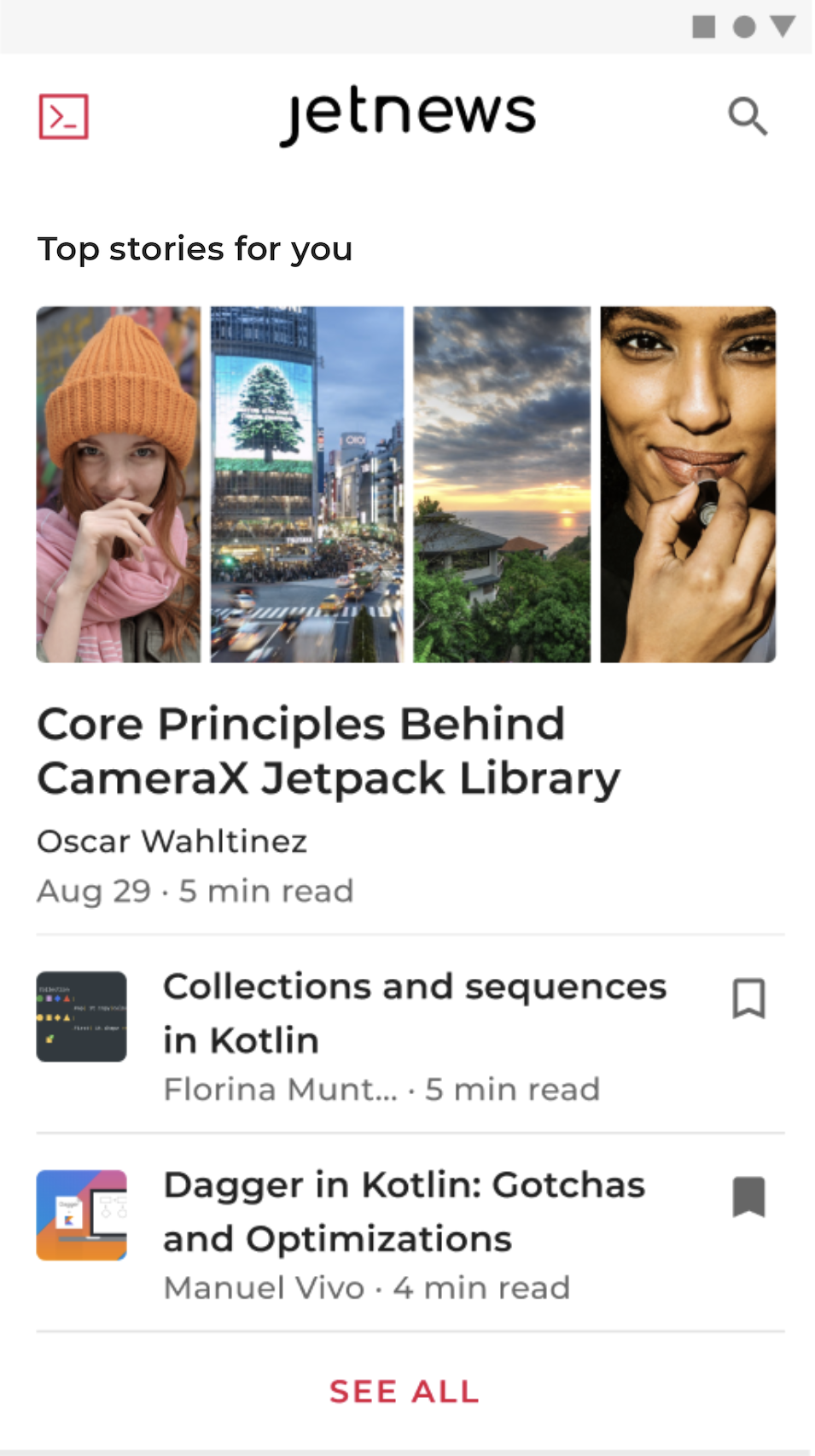 Un'app di notizie di esempio che mostra le anteprime degli articoli, uno dei quali è stato aggiunto ai preferiti.