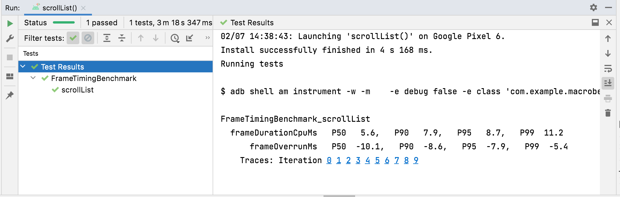 Wyniki danych FrameTimingMetric