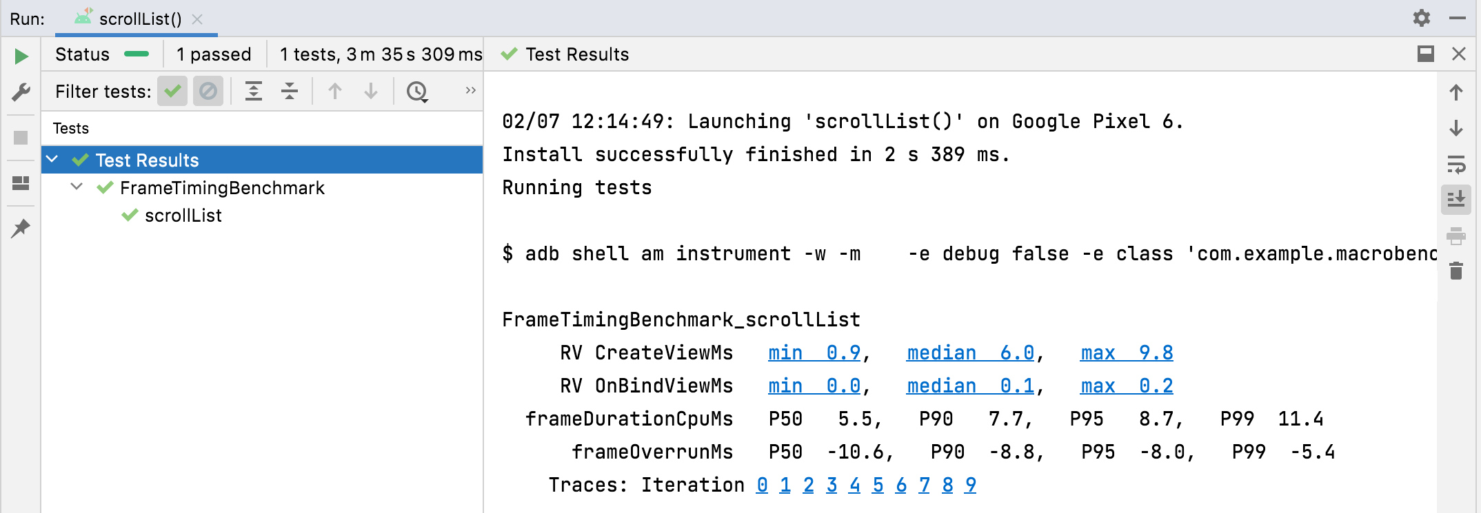 Risultati di TraceSectionMetric e FrameTimingMetric.