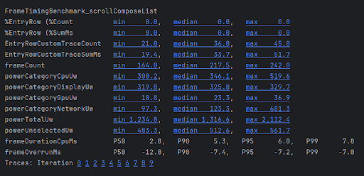 TraceSectionMetric ve FrameTimingMetric sonuçları.