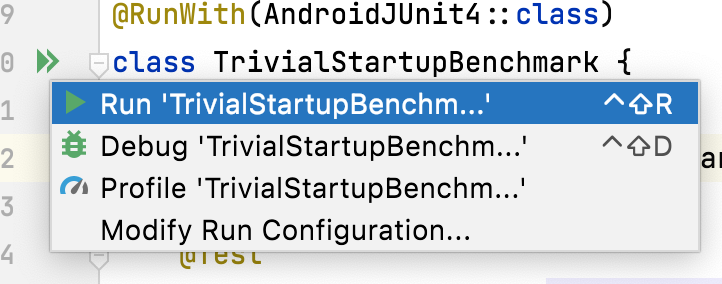 Run macrobenchmark with gutter action next to test
class