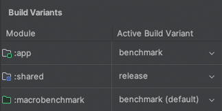 Varianti di benchmark per il progetto multimodulo con i tipi di build di rilascio e benchmark selezionati.