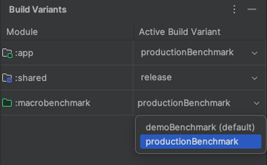 Varianti benchmark per il progetto con le varianti del prodotto che mostrano productionBenchmark e release selezionati.