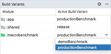 إعدادات المقارنة للمشروع الذي يتضمّن نكهات منتجات تعرض
productionBenchmark وrelease
المحدّدة