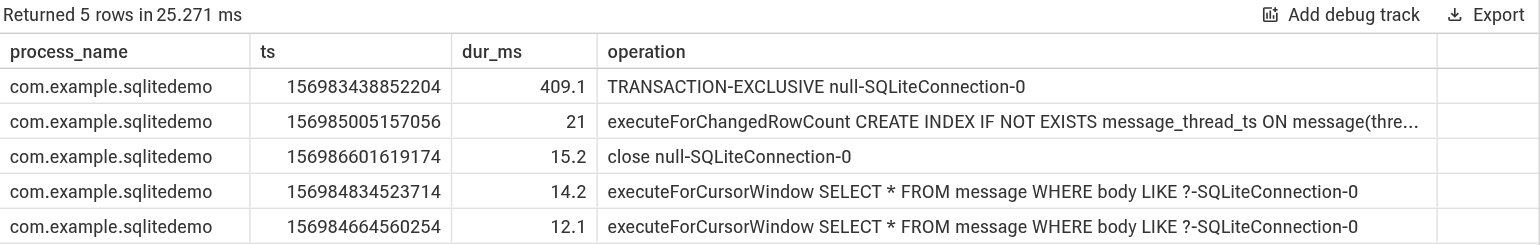 A Perfetto query result that lists SQLite operations longer than 1
millisecond on the main thread of a test
app