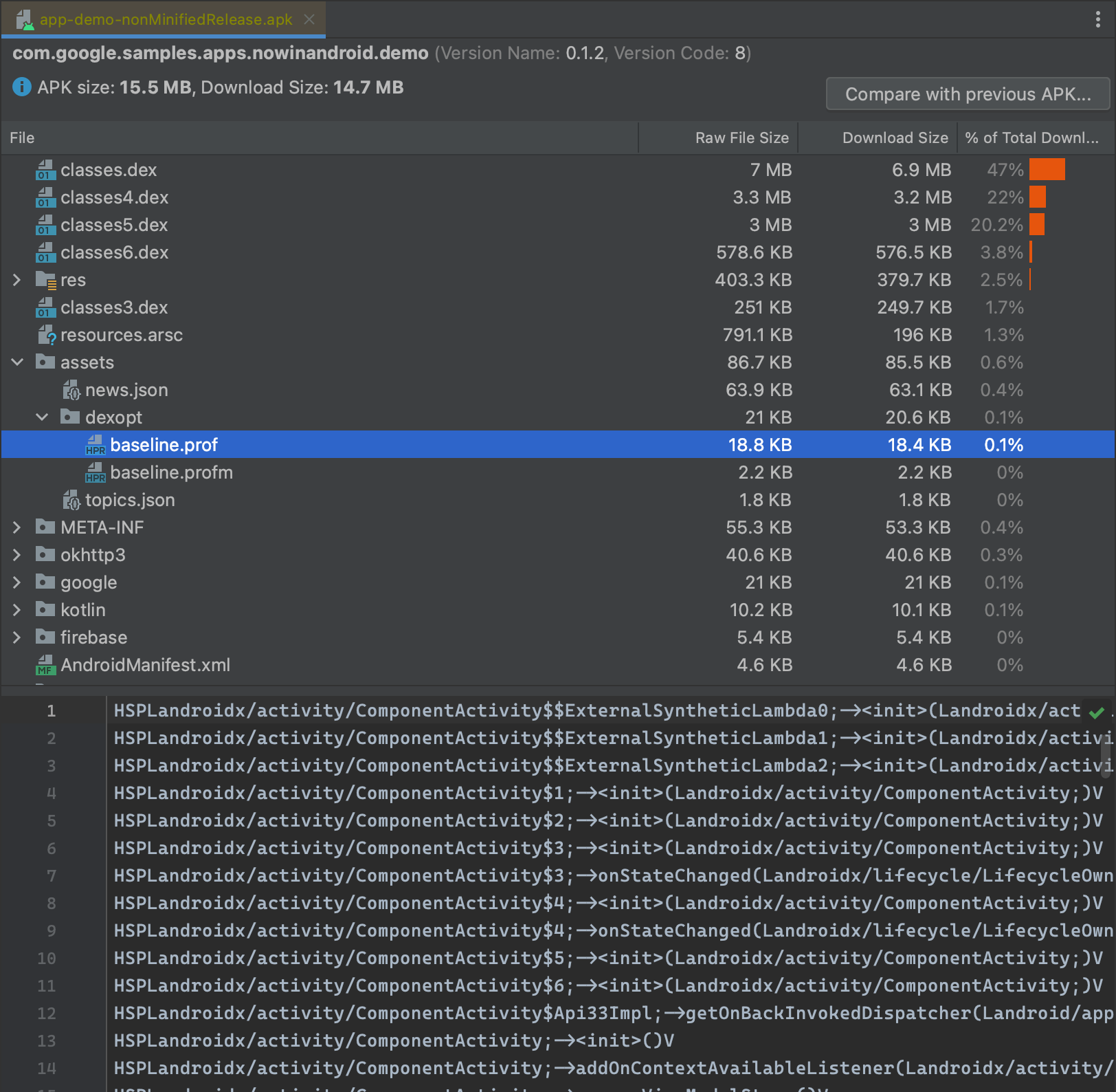 使用 Android Studio 中的 APK 檢視器，檢查基準設定檔