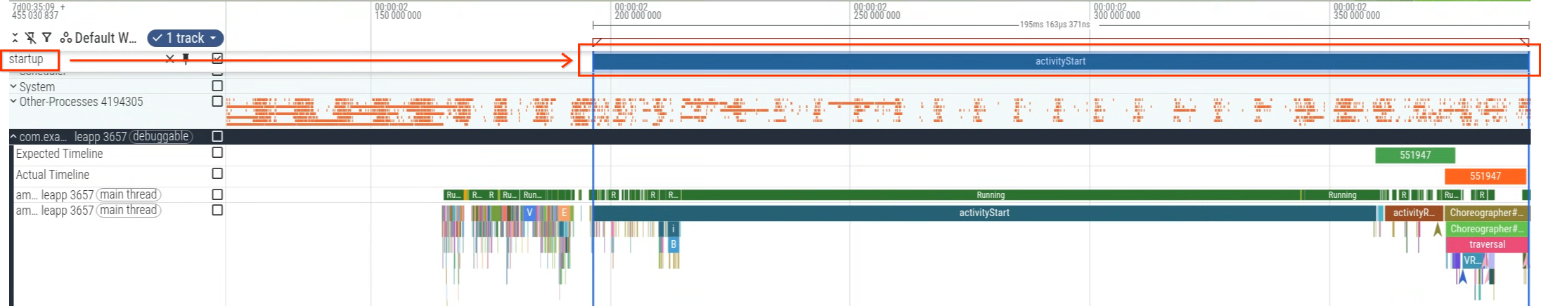 A timeline view in the Perfetto UI showing a generated debug track for a startup query.