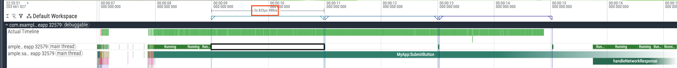 Perfetto UI showing the first sleeping interval within the
 MyAppSubmitButton trace slice.