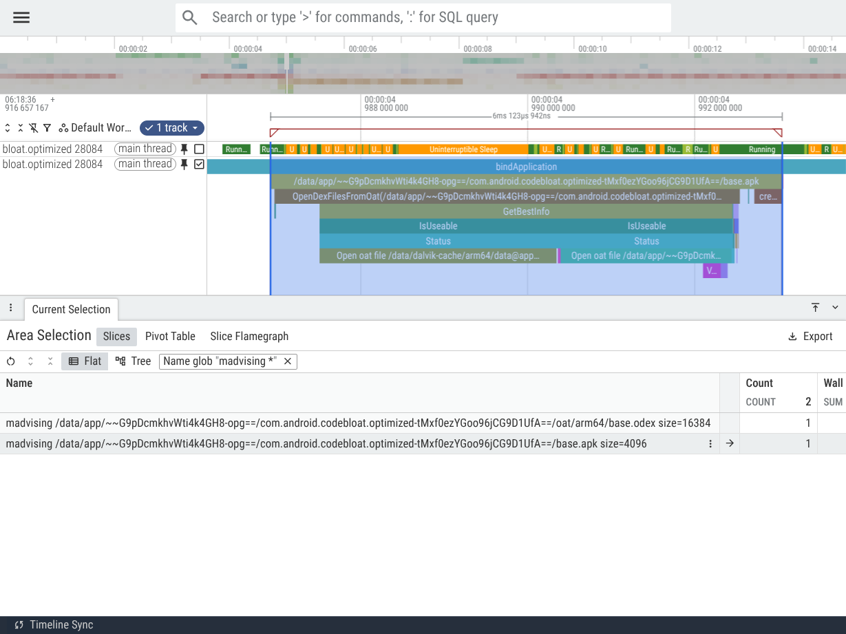 Perfetto UI 螢幕截圖，顯示 com.android.codebloat.optimized 程序，其中包含單一微小的 madvising 切片
