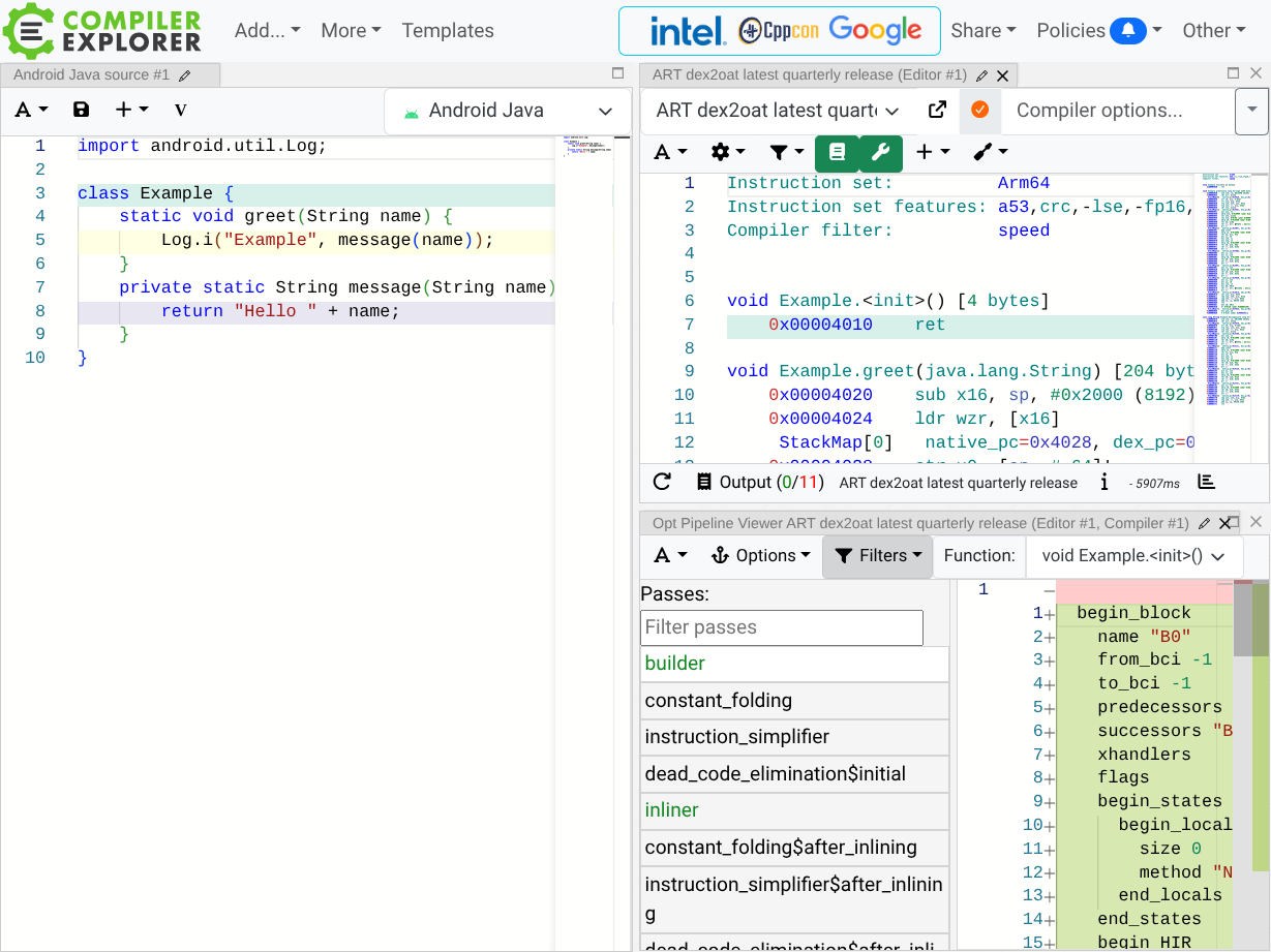 Zrzut ekranu interfejsu Compiler Explorer przedstawiający przykładowy program oraz jego deasemblację i potok optymalizacji dex2oat z wyświetlonym krokiem wstawiania kodu w miejscu wywołania