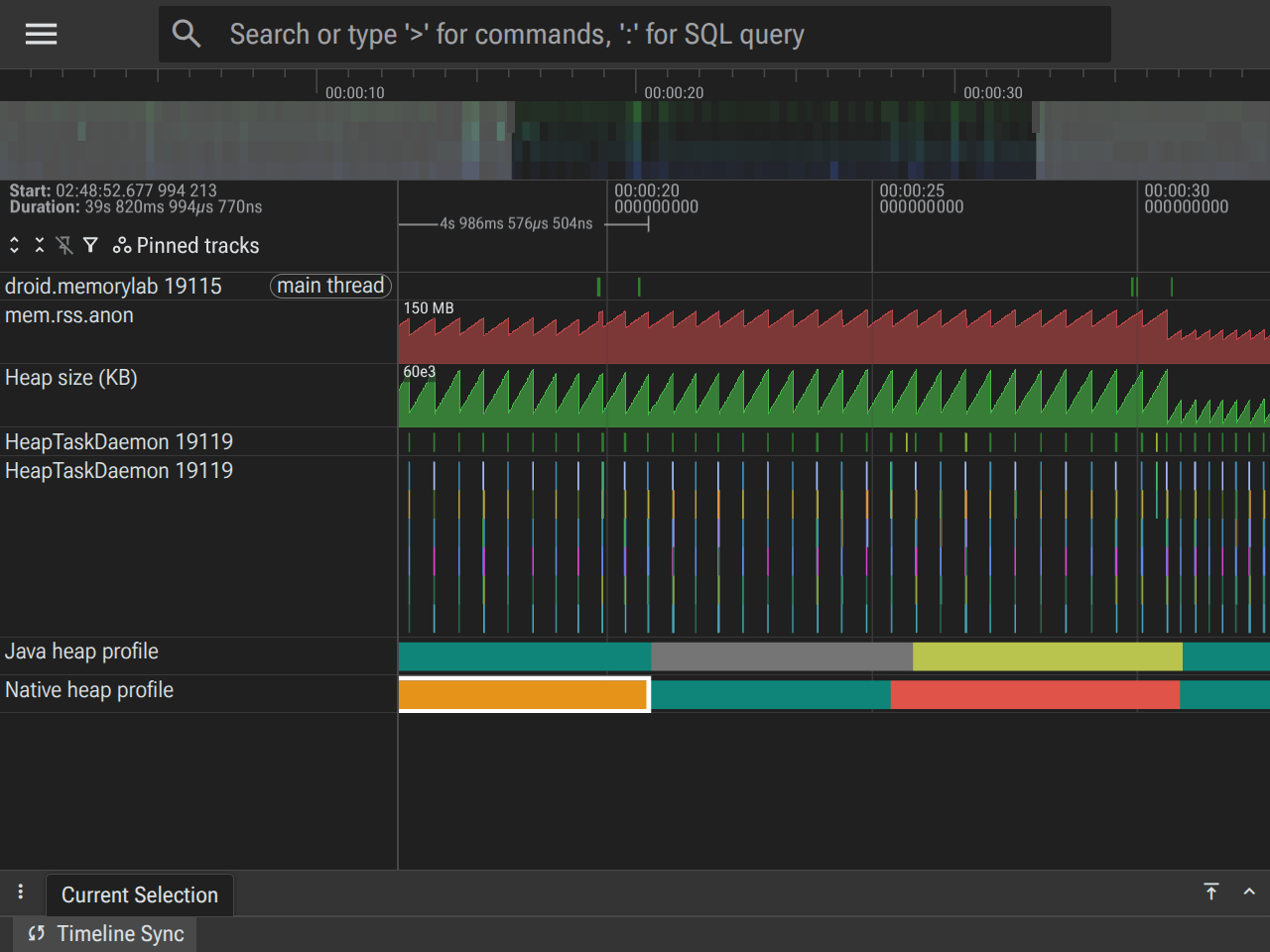 Interface utilisateur de Perfetto affichant la phase 4 de l'allocation de bitmaps