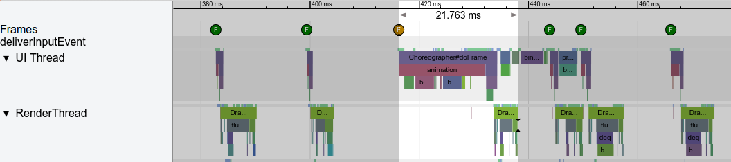 Shows the UI thread sleeping due to binder
  transactions in a RV fling. Keep your bind logic focused, and use trace-ipc to
  track down and remove binder calls.