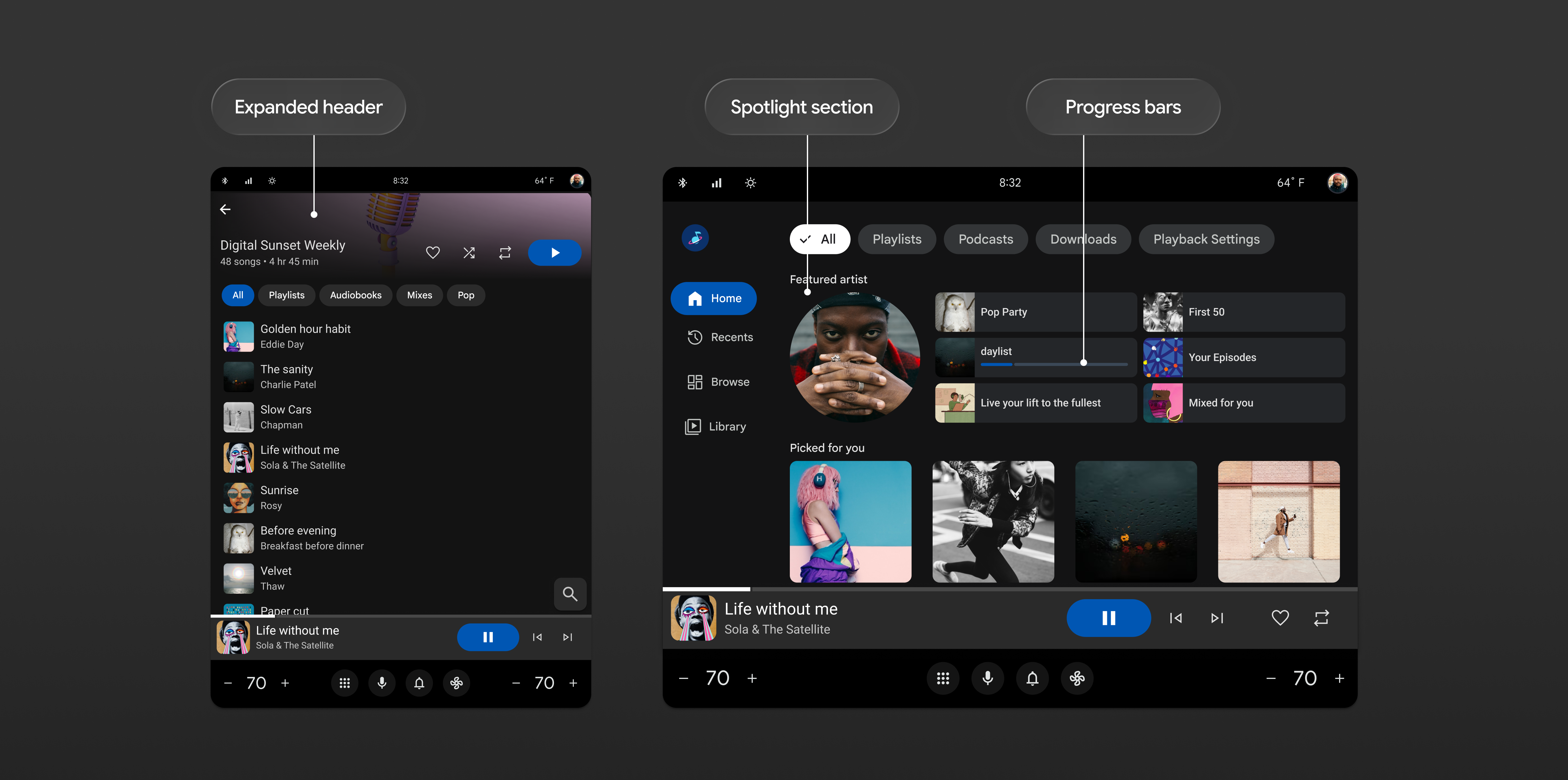 Bir müzik uygulaması arayüzünde, iki dikey sıra ve üç yatay albüm kapağı portresi olmak üzere son çalınan şarkılar ve albümler gösteriliyor.
