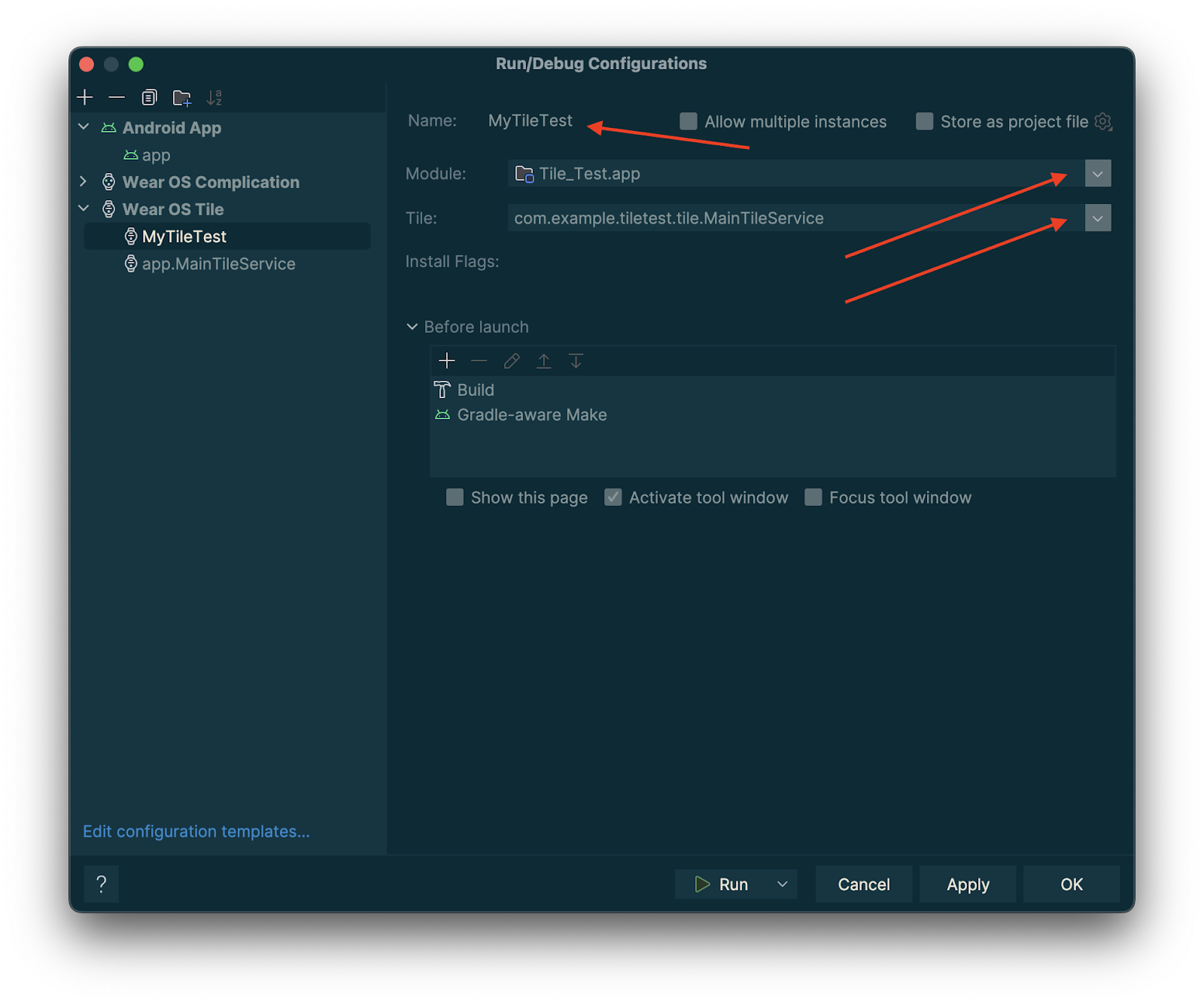 تصویر صفحه با سه فلش قرمز که به قسمت‌هایی از پنجره گفتگو اشاره دارند.