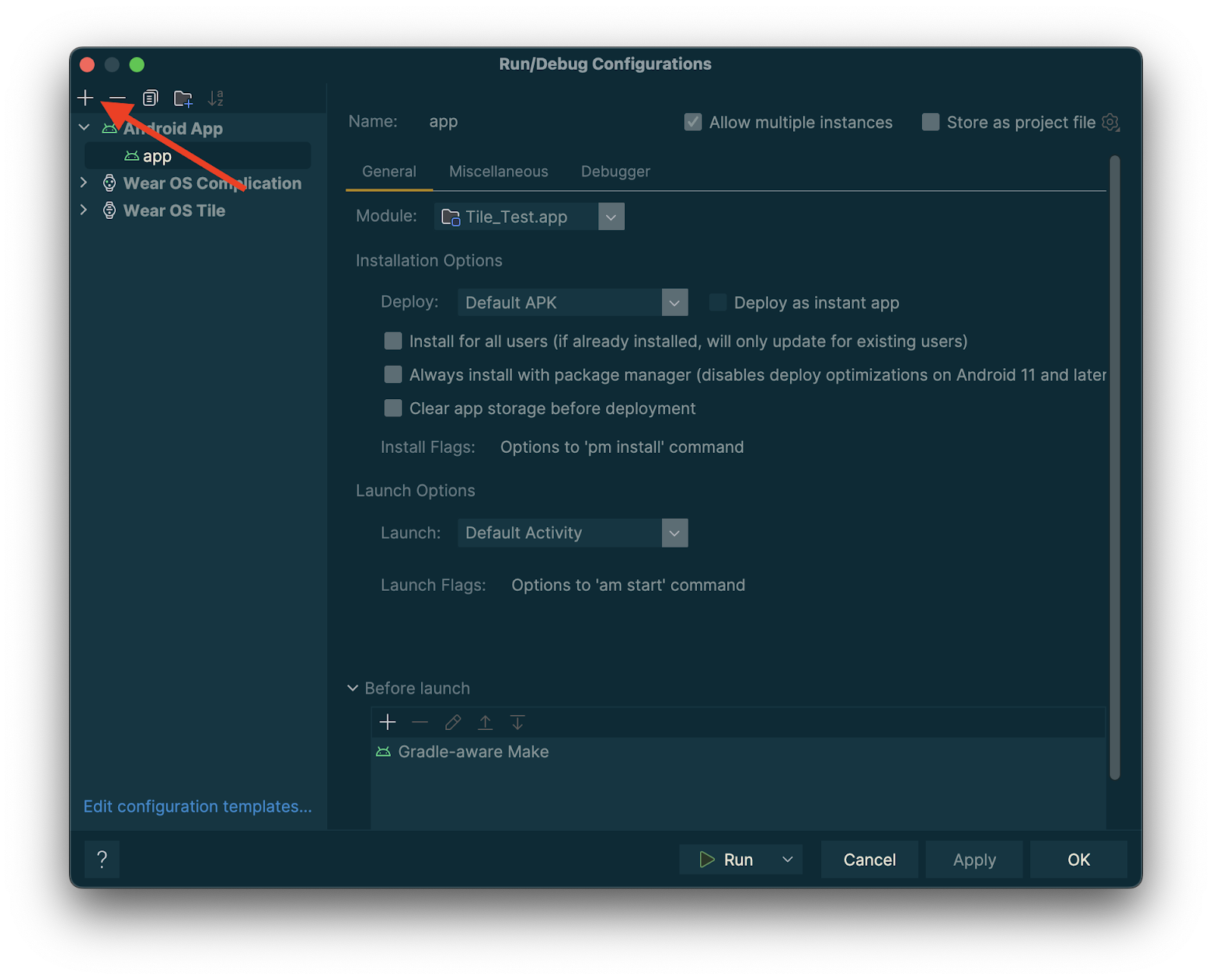 Captura de tela com uma seta vermelha apontando para "+".