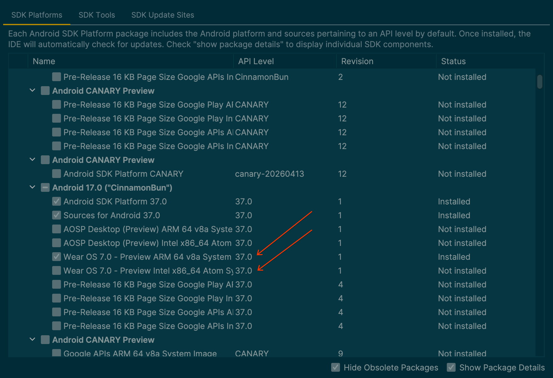 Android Studio showing the Wear OS 7 system image selection