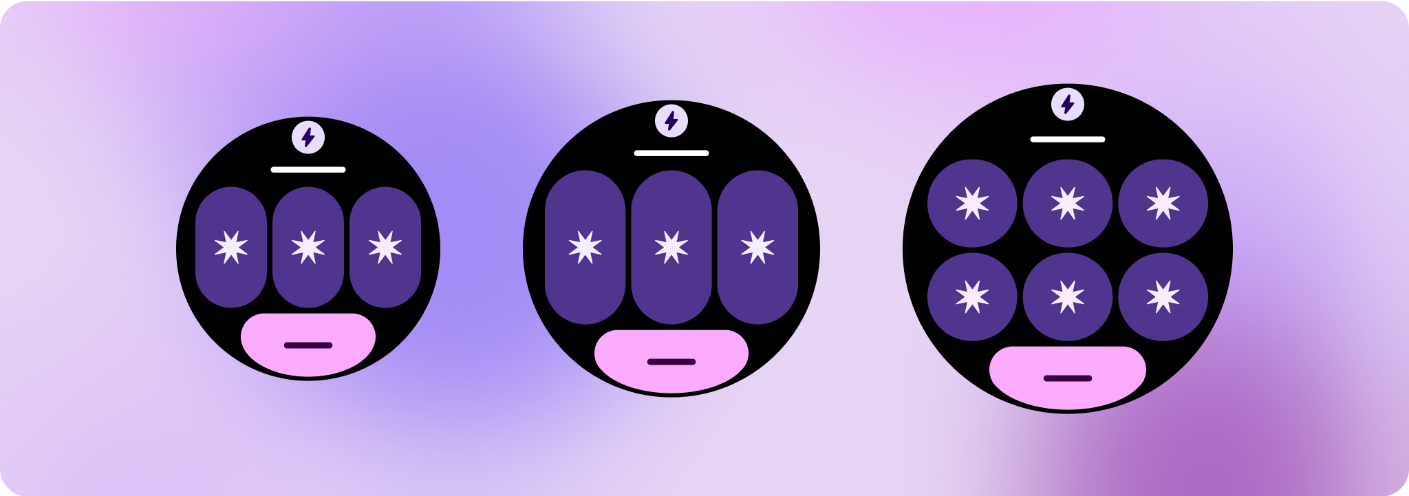 Tres tarjetas, dos de las cuales muestran 1 fila con 3 columnas de contenido principal y otra que muestra 2 filas con 3 columnas de contenido principal