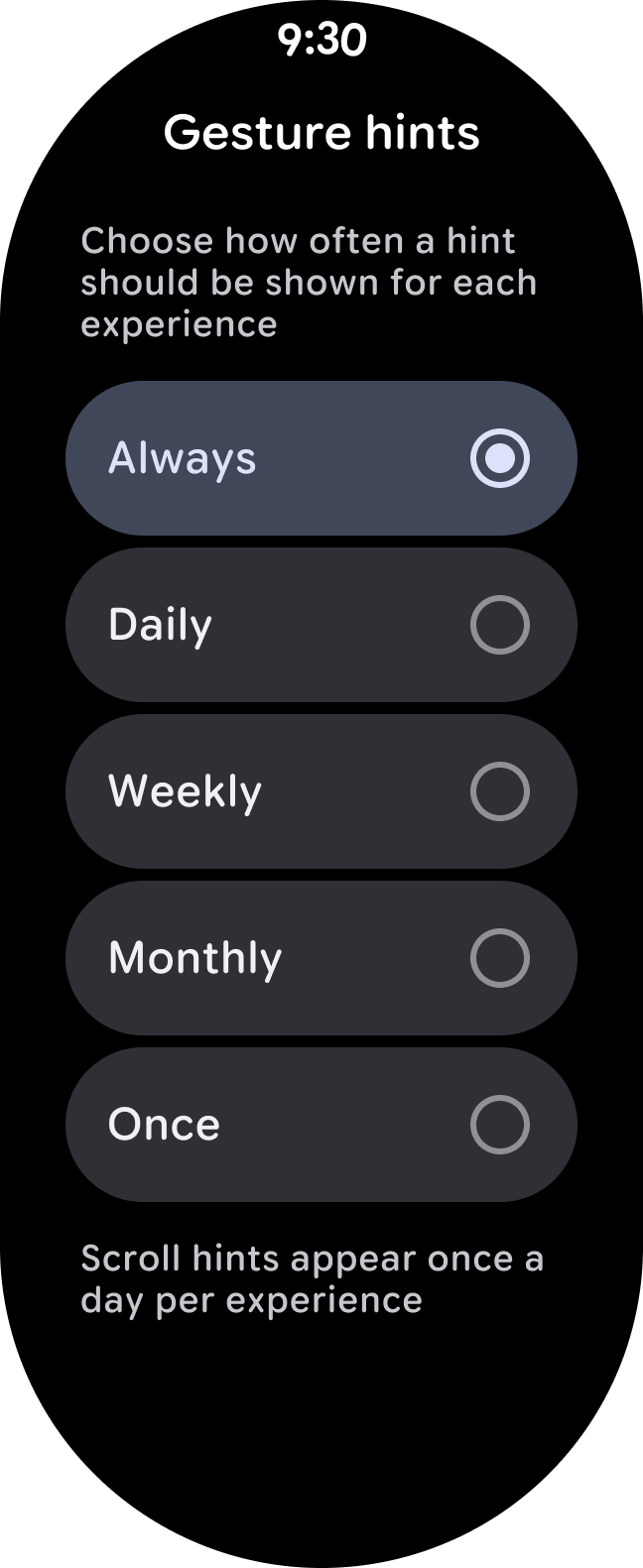 Écran des paramètres des indications de gestes sur la Pixel Watch