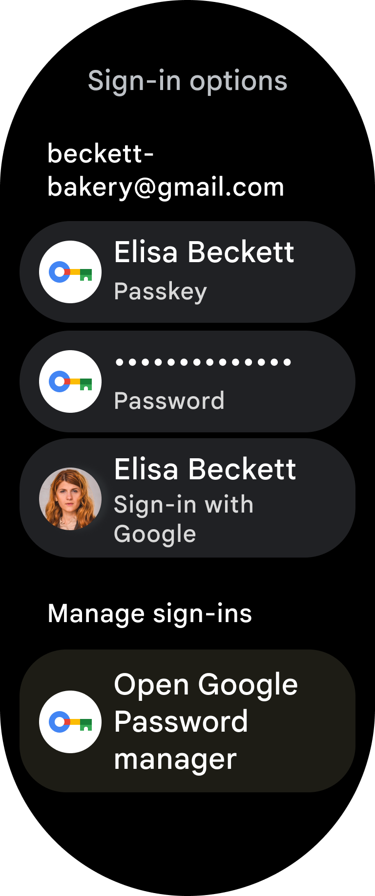 تتوفّر مفاتيح المرور وكلمات المرور وميزة &quot;تسجيل الدخول باستخدام حساب Google&quot; للمستخدم للمصادقة.