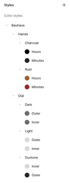 Styles are organized by element family, then by color theme name,
then by specific elements