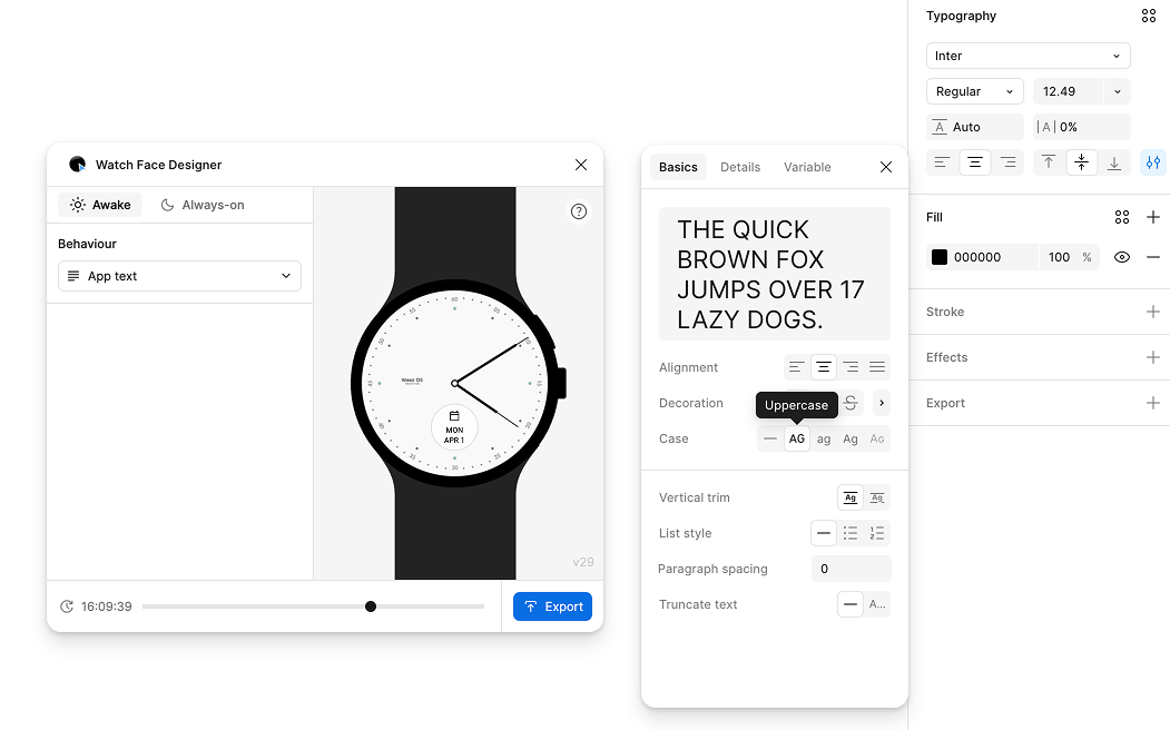 "Caso" aparece perto do meio. "Maiúsculas" é a segunda opção da esquerda