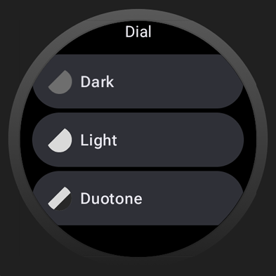 Cada tema de color aparece como un elemento en una lista. El nombre del elemento aparece en el título de la pantalla.