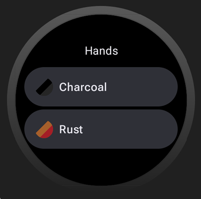 Каждая цветовая тема отображается как элемент в списке. Название элемента отображается в заголовке экрана.
