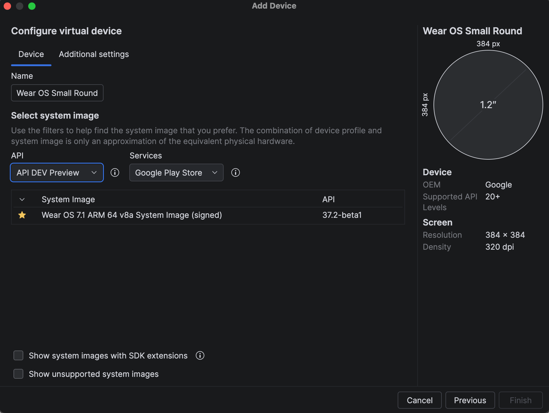 Android Studio virtual device configuration showing the selected item as Wear OS 7.1 API 37.2-beta1 system image