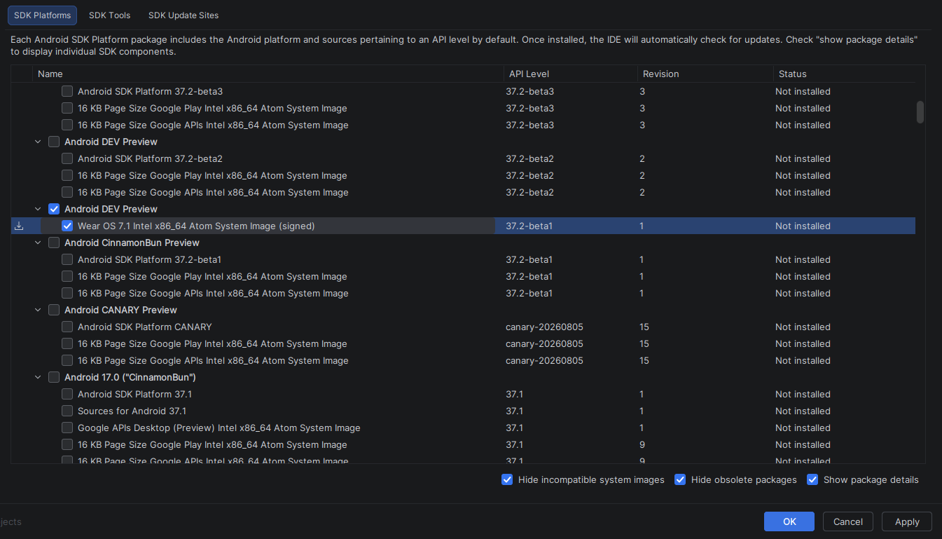 Android Studio SDK Manager showing the Wear OS 7.1 system image under Android DEV Preview