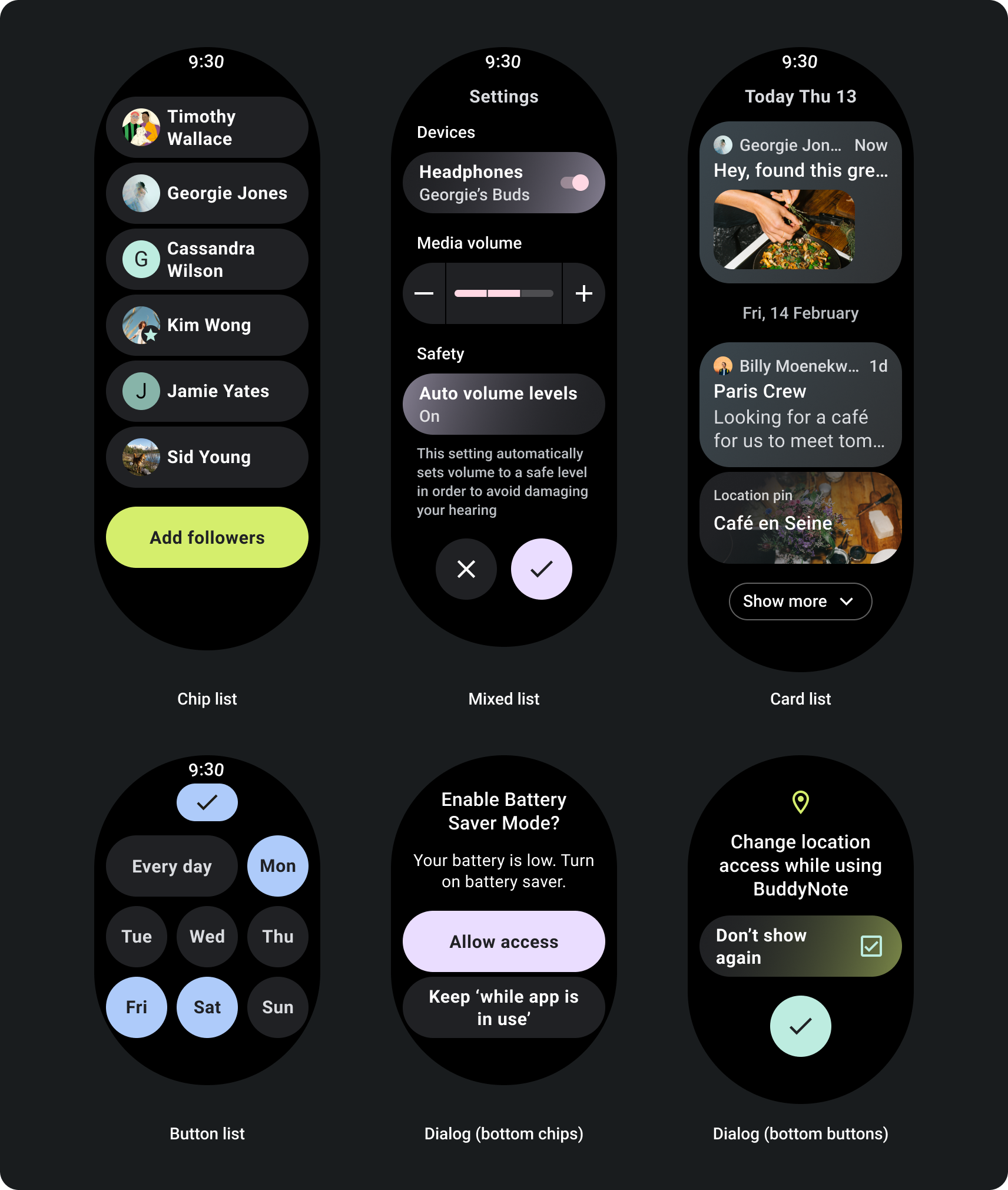 Examples include chip lists, mixed lists, card lists, button lists, and dialogs with bottom chips and bottom buttons